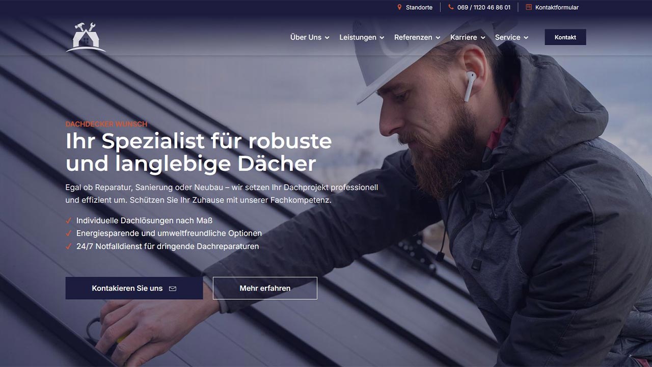 Beispielhafte Darstellung einer Website für Dachdecker.