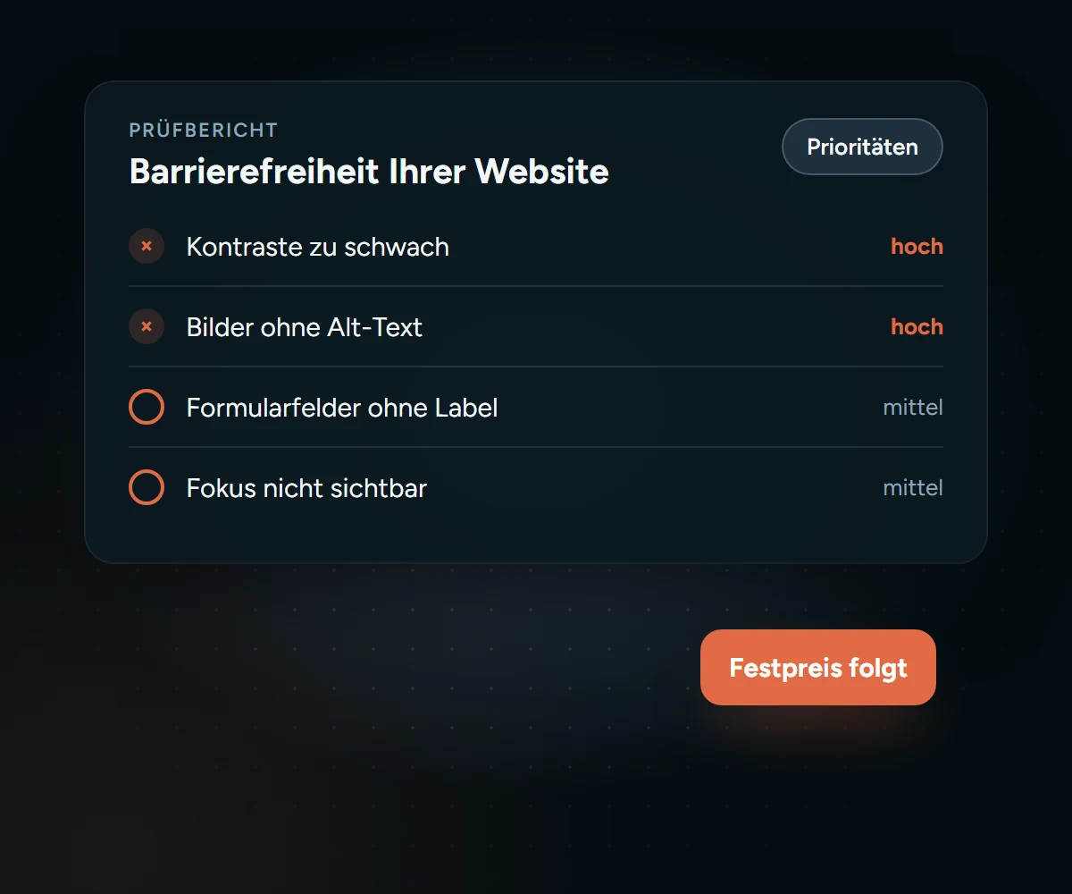 Prüfbericht zur Barrierefreiheit mit Fehlern nach Priorität sortiert