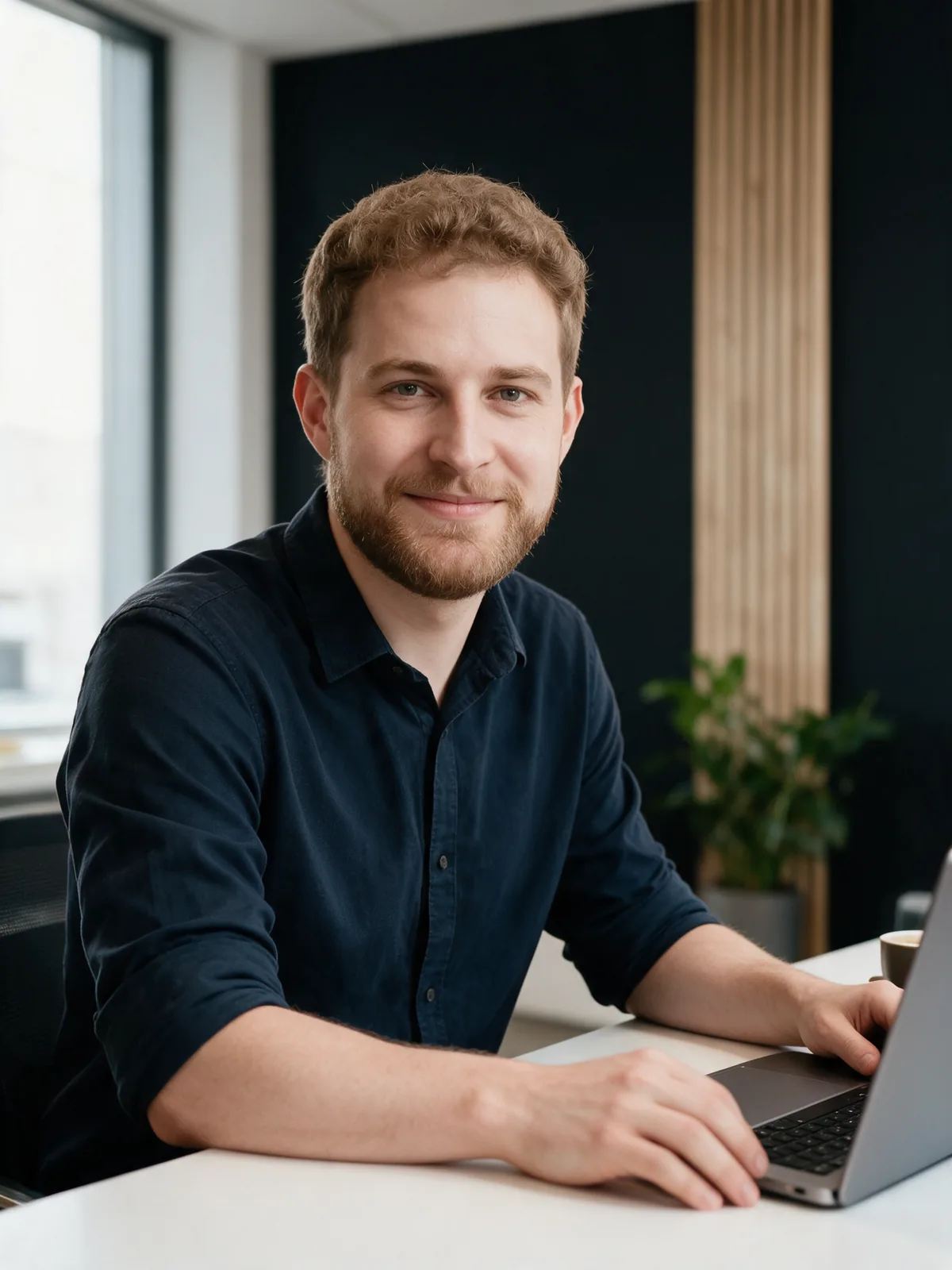 Jan Andrecht am weißen Schreibtisch in seinem Büro