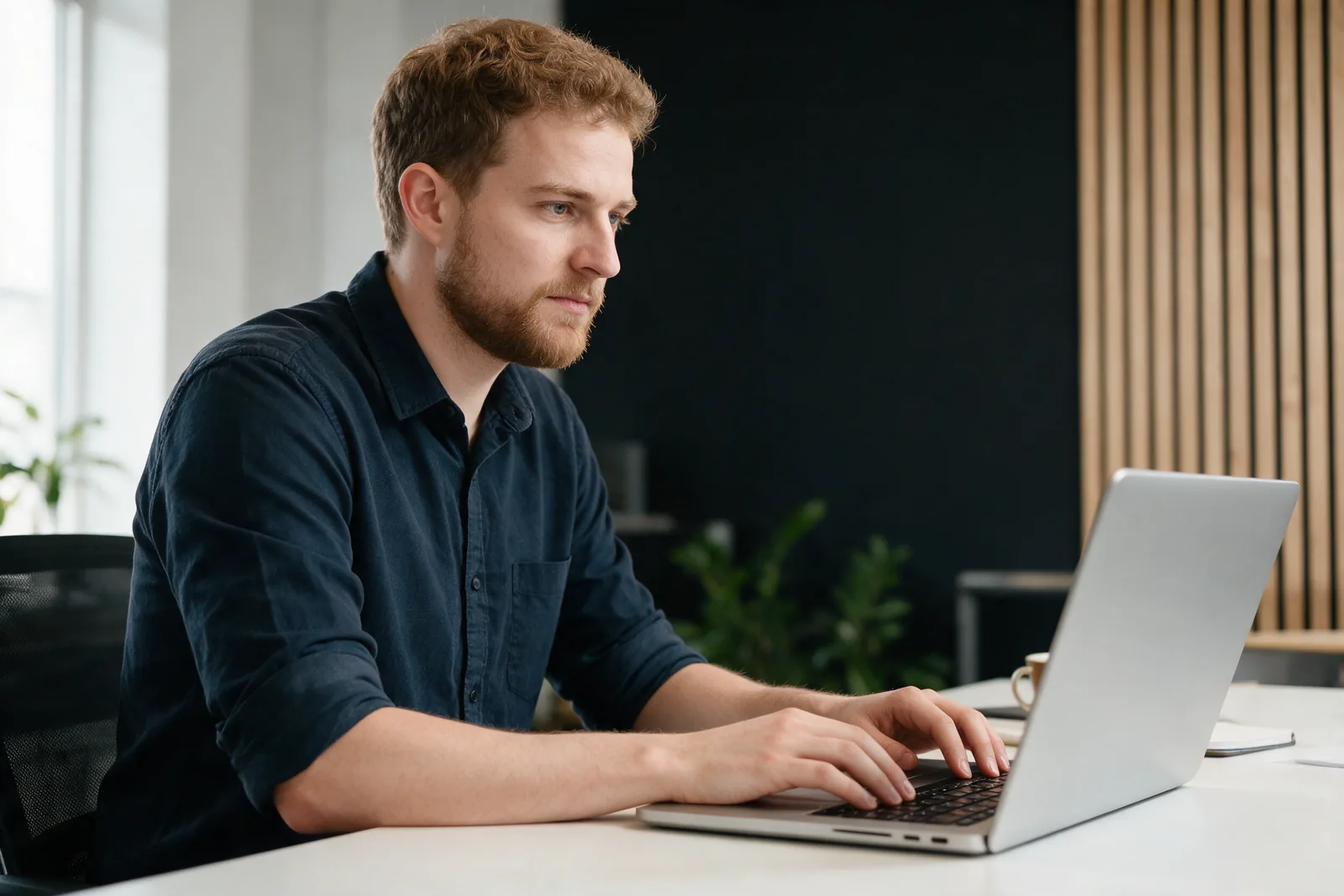 Jan Andrecht arbeitet konzentriert am Laptop
