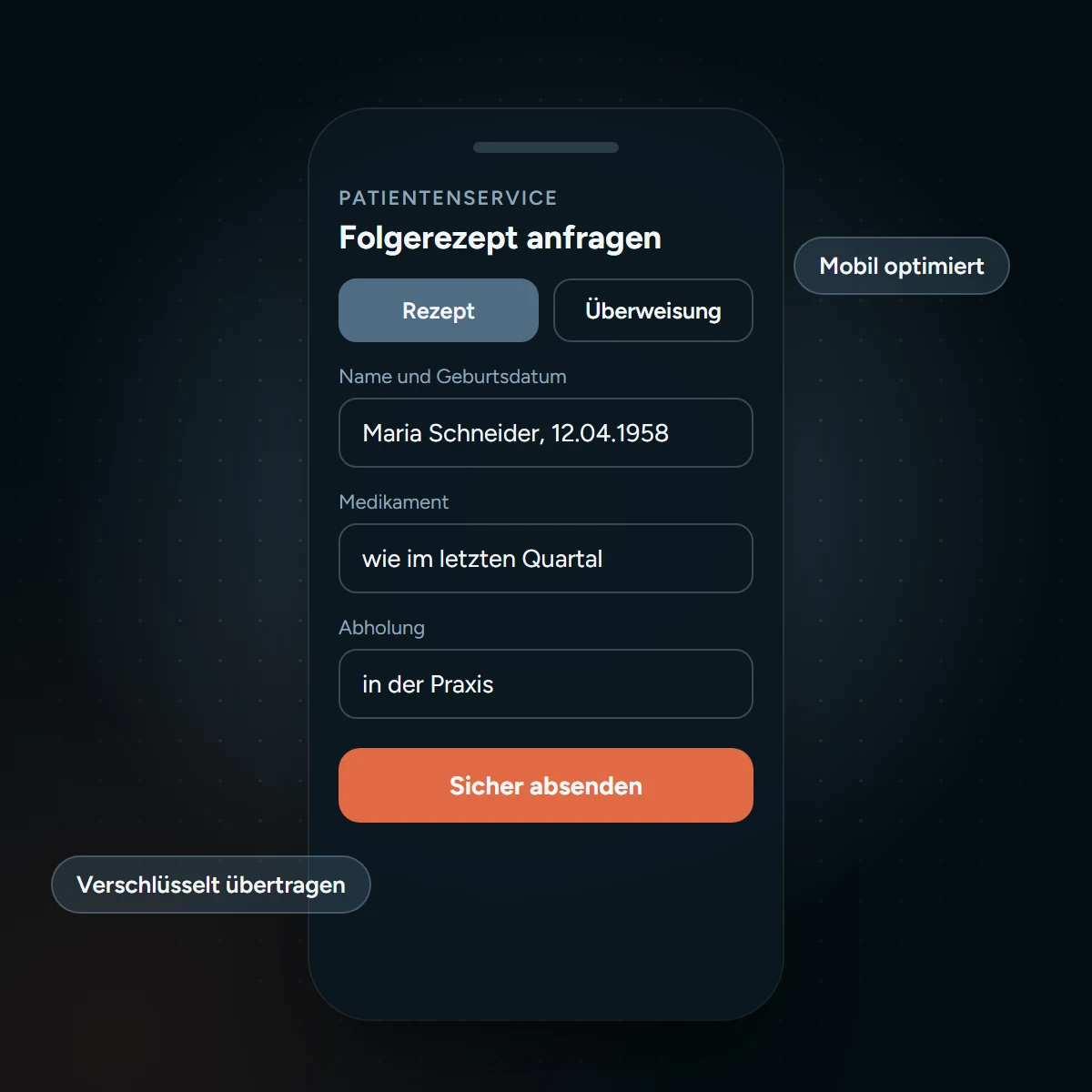 Formular für Folgerezepte und Überweisungen auf dem Smartphone