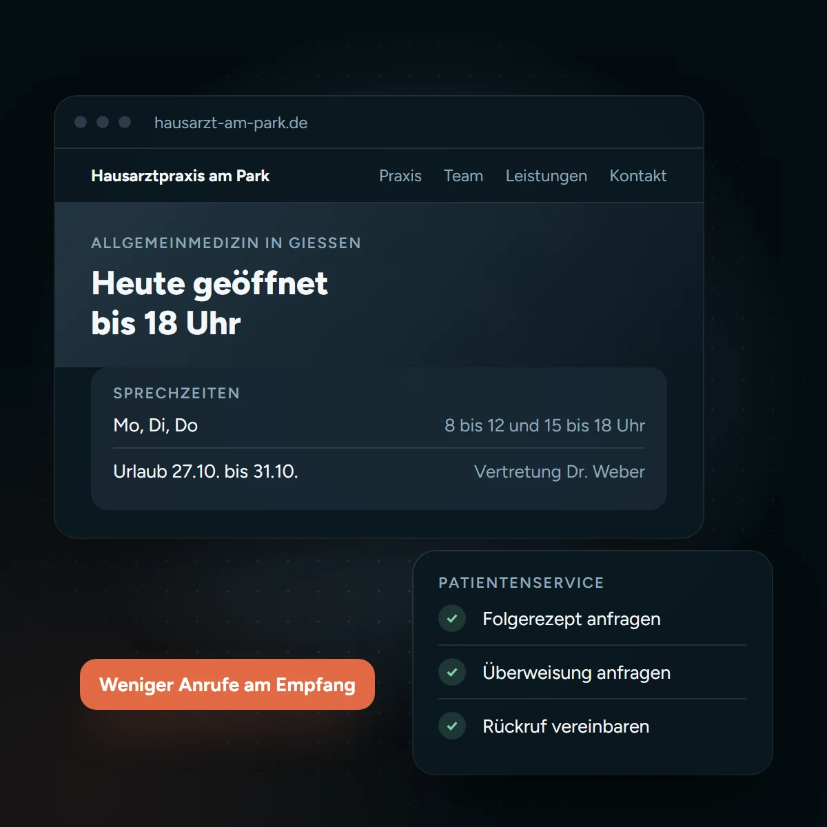Website einer Hausarztpraxis mit Sprechzeiten, Urlaubsvertretung und Patientenservice