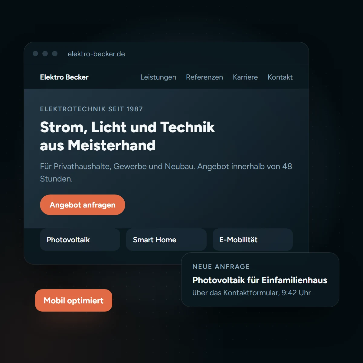 Website eines Handwerksbetriebs mit klarer Startseite und neuer Kundenanfrage
