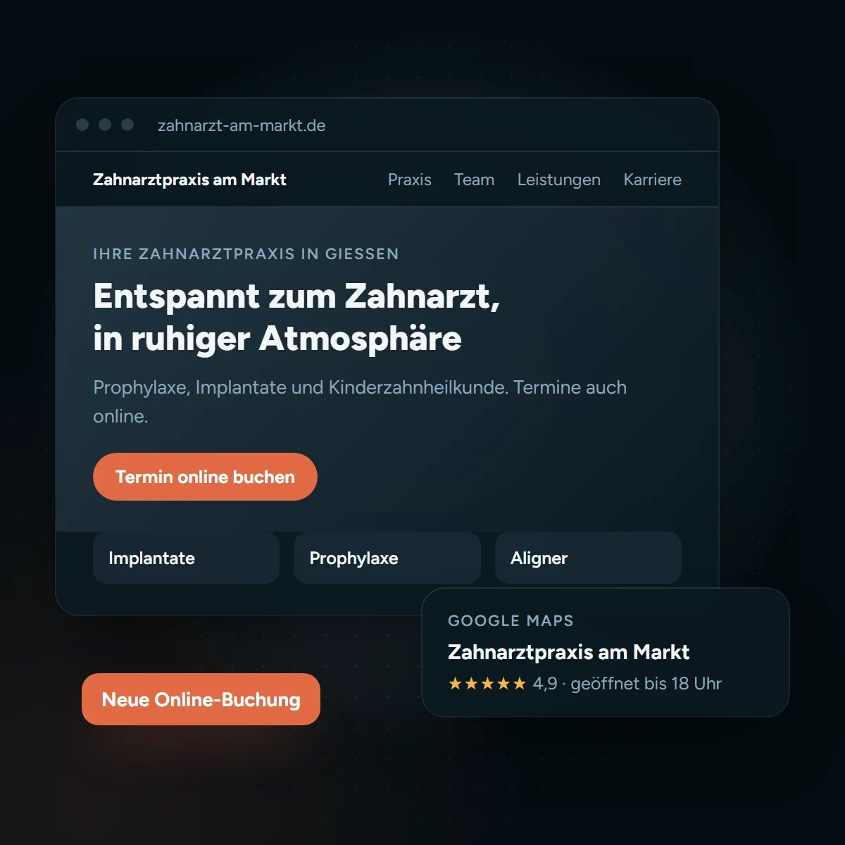 Praxis-Website einer Zahnarztpraxis mit Online-Terminbuchung und Google-Profil