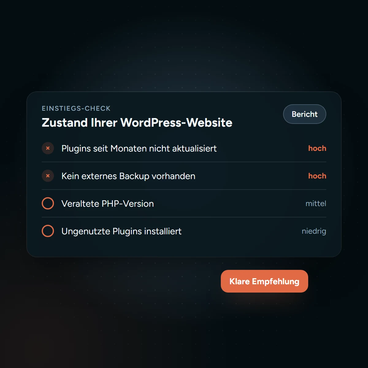 Einstiegs-Check einer WordPress-Website mit Befunden nach Priorität